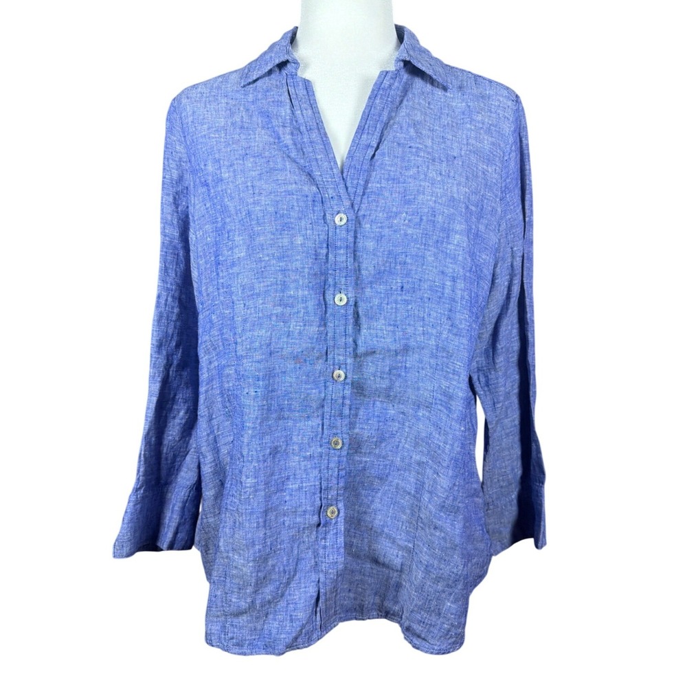 Foxcroft NYC Womens Blue 100% Linen Button Down Long Sleeve Shirt Size‎ Medium